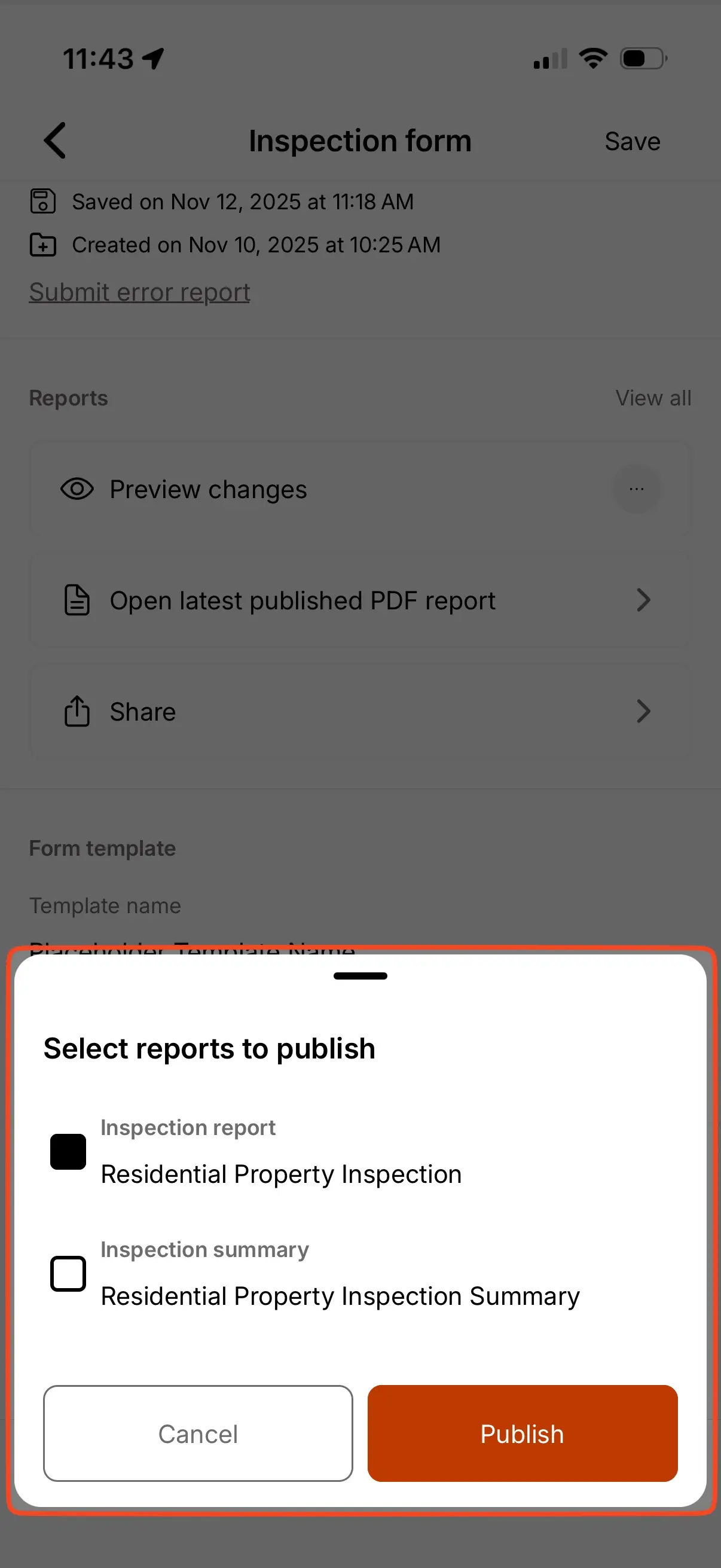 Publish report bottom sheet with checkboxes for both Inspection Report and Inspection Summary.