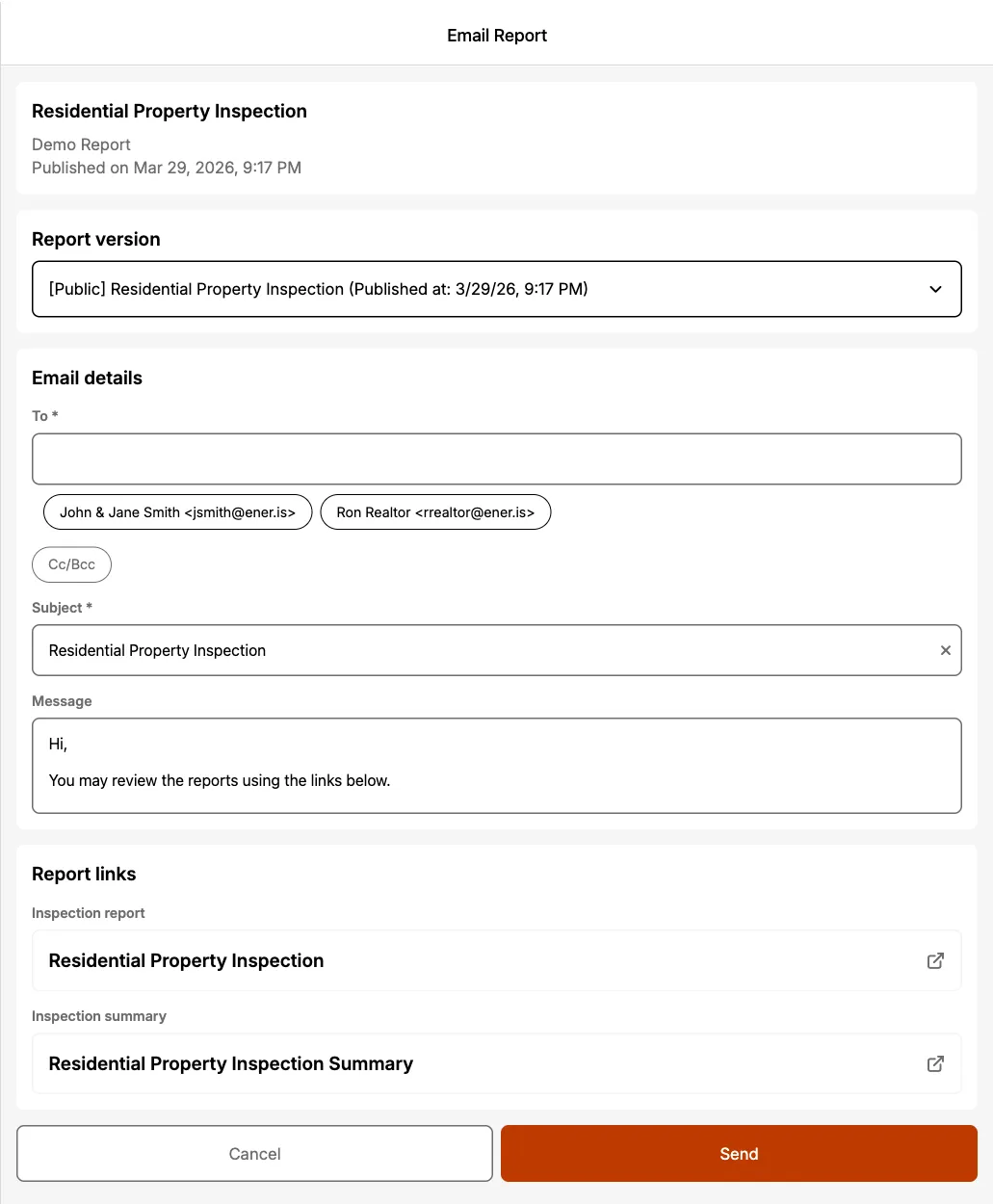 Email form showing the report links section before sending.