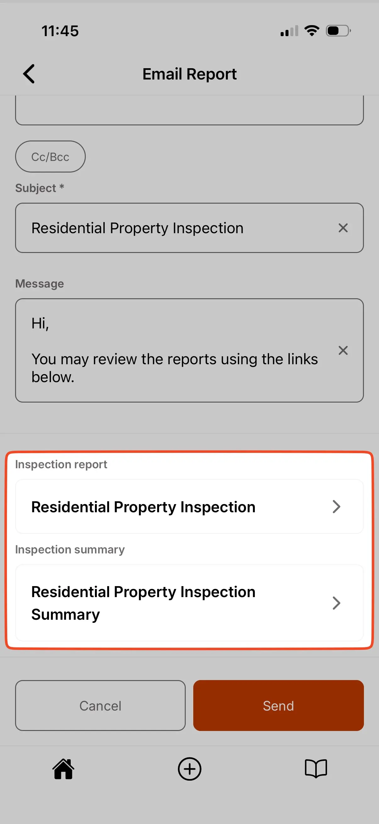 Email form with both Inspection Report and Inspection Summary sections.