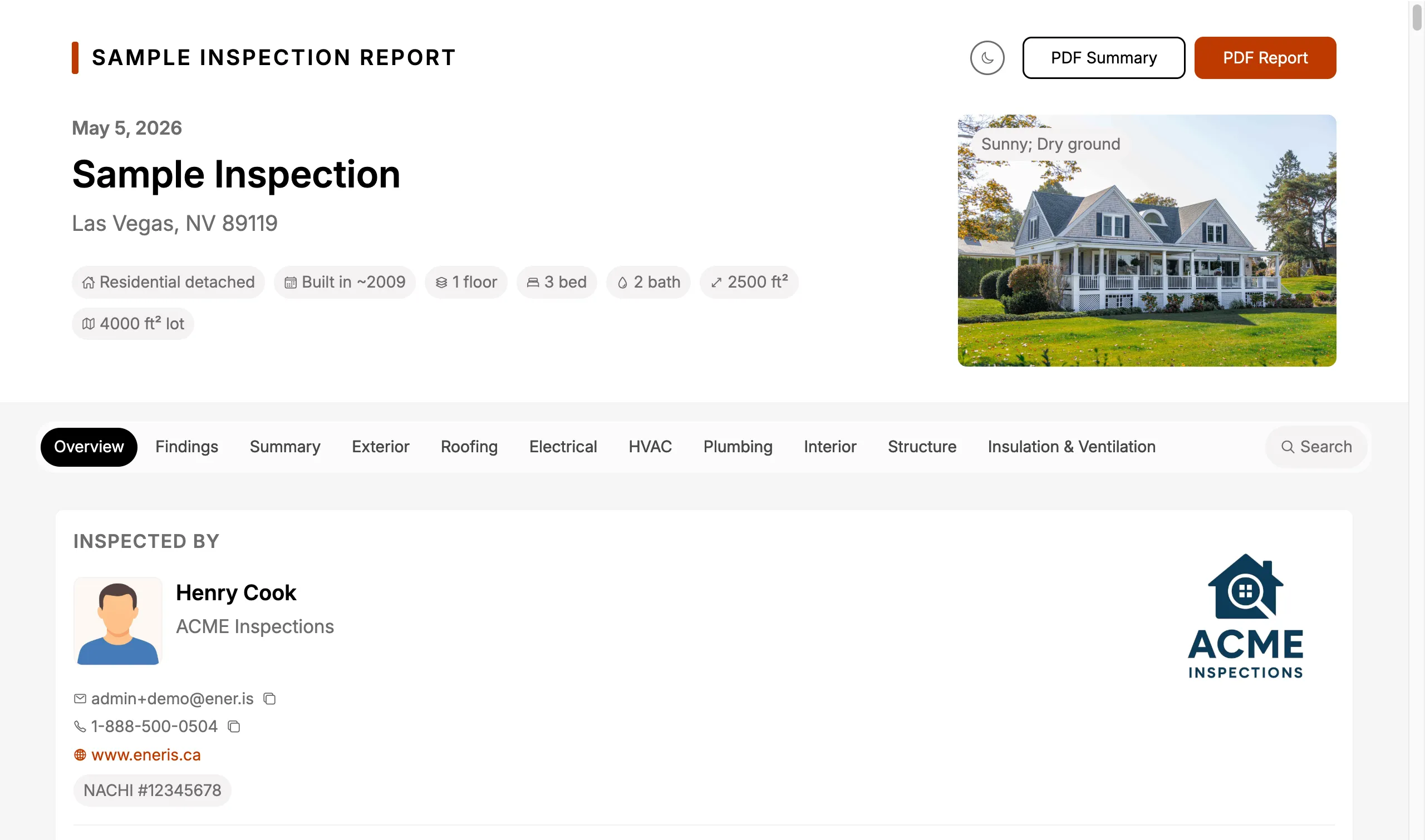 Web report property summary header with sticky category tabs.