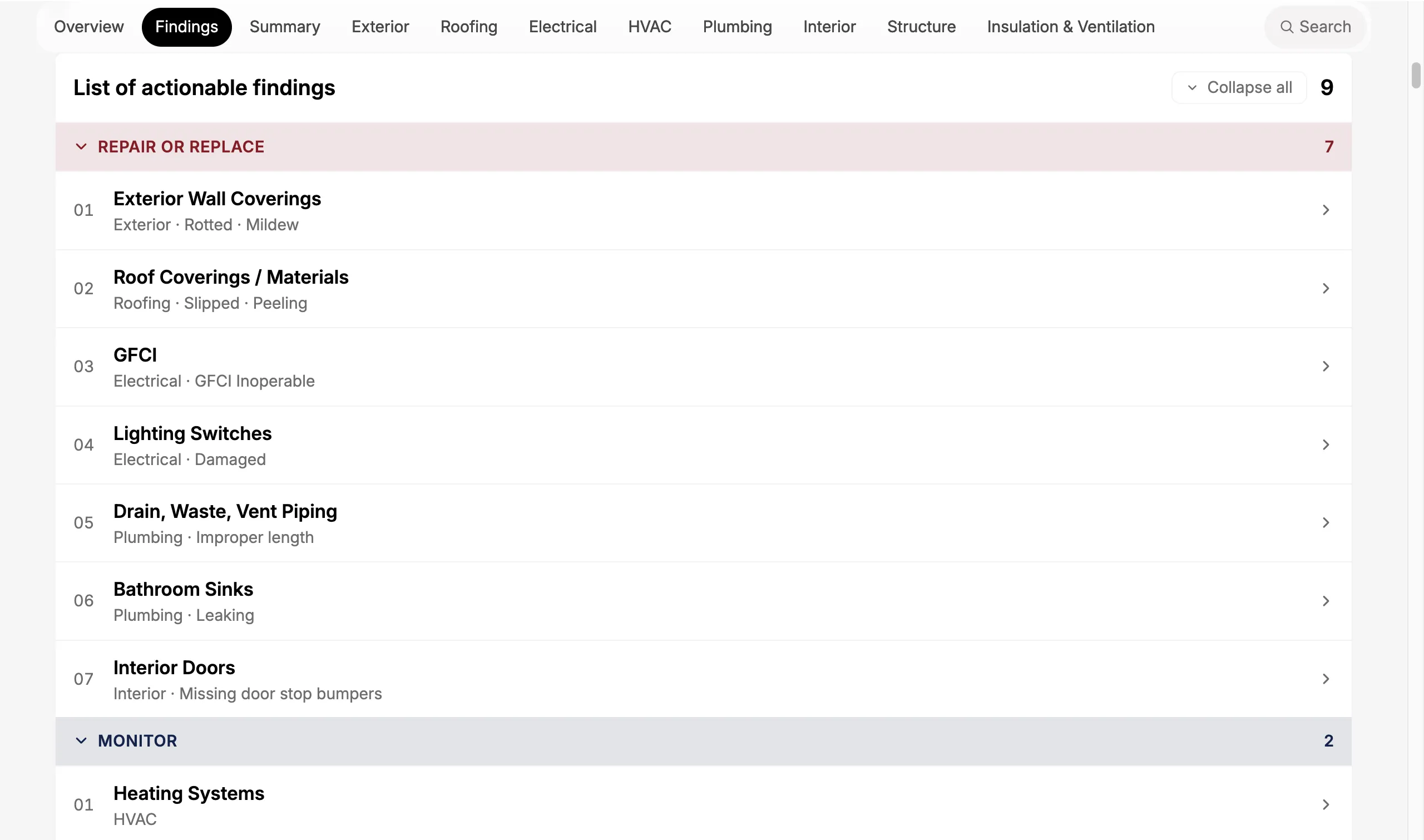 Web report Findings tab with the list of actionable findings grouped by recommended action.