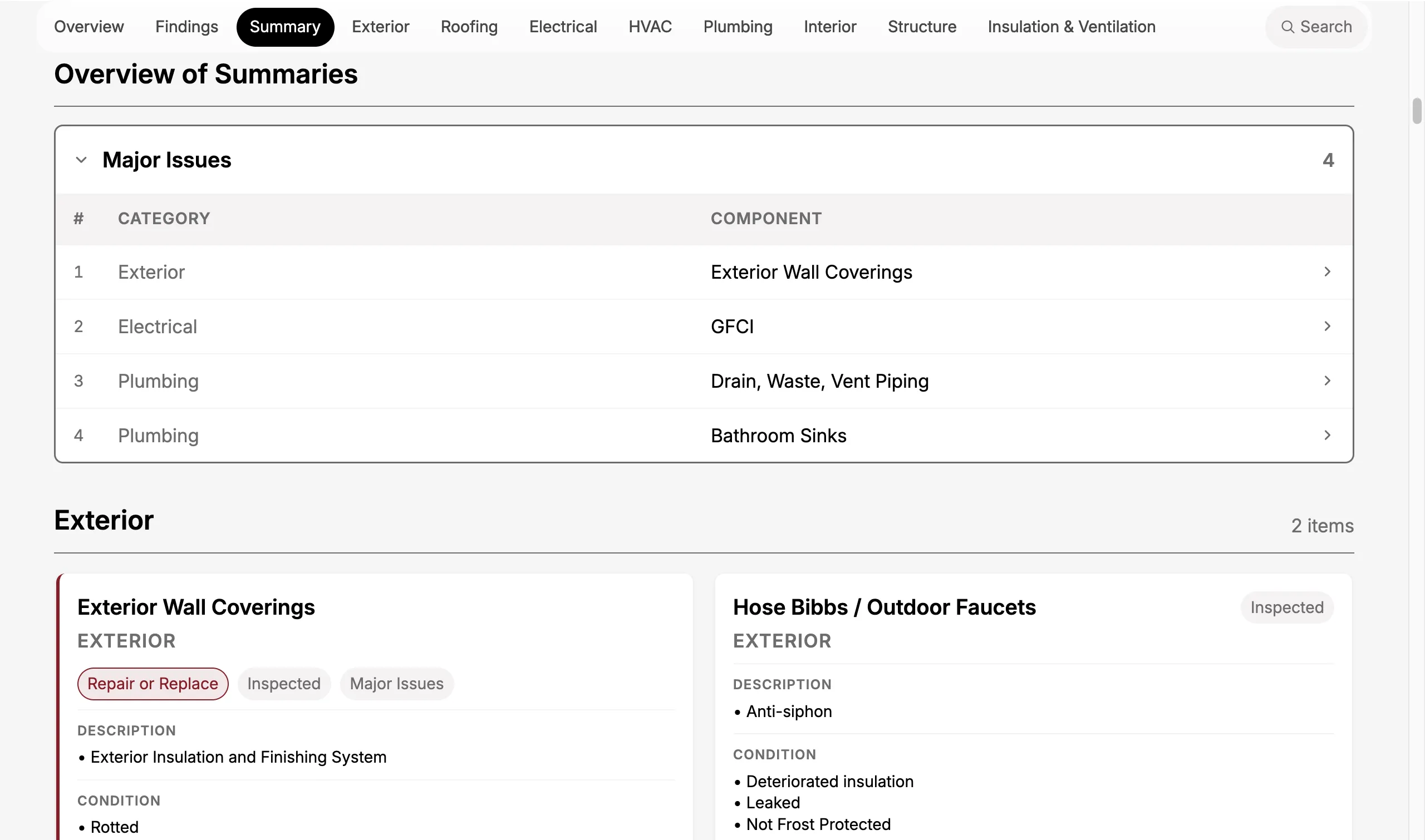 Web report Summary tab with the Overview of Summaries and the Major Issues group expanded.