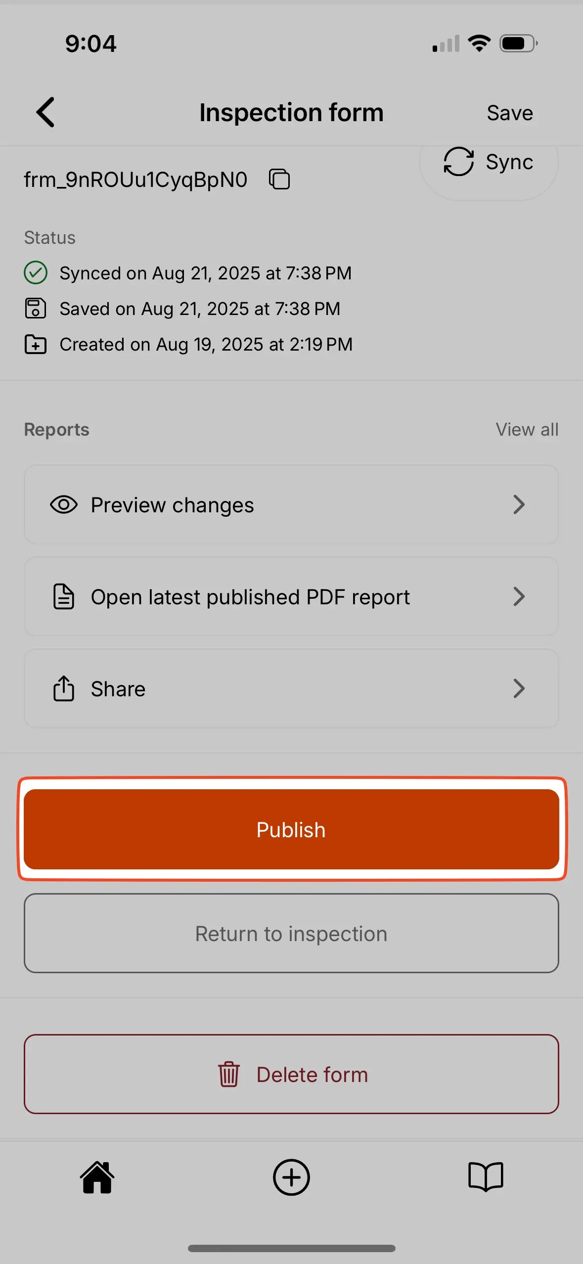 Publish report option.