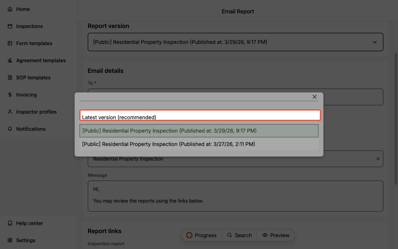 Report version dropdown with latest version option.