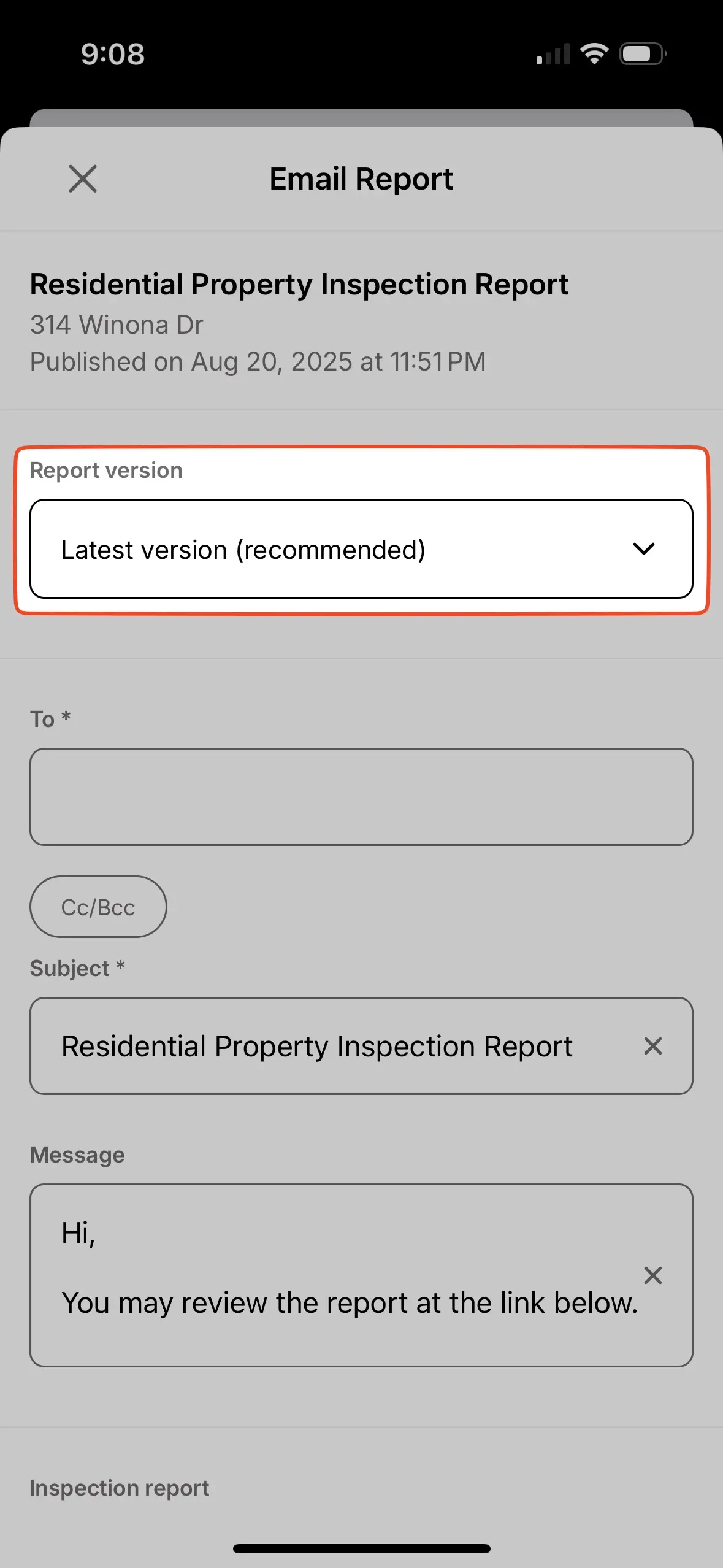 Report version dropdown with specific version option.