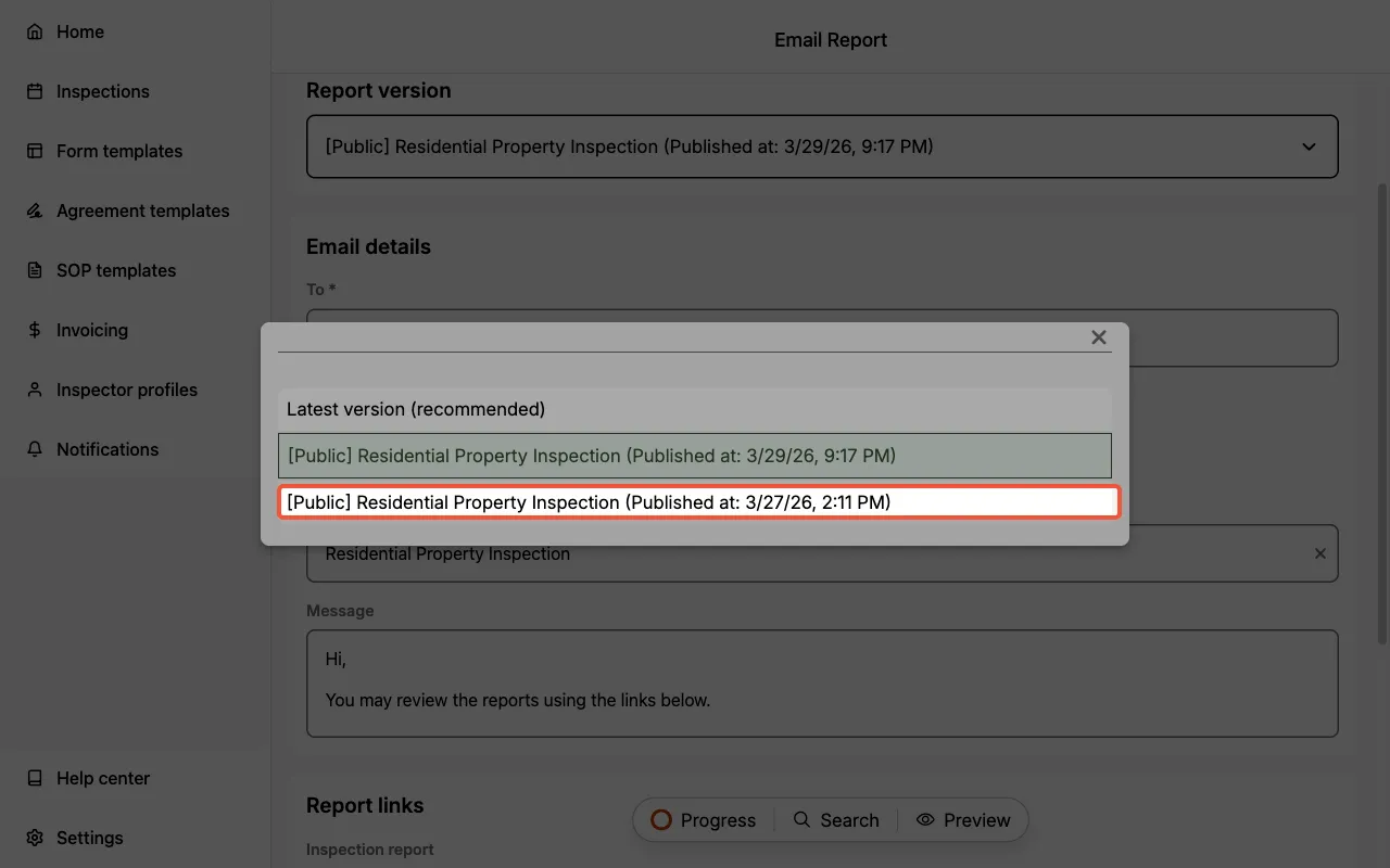 Report version dropdown with specific version option.