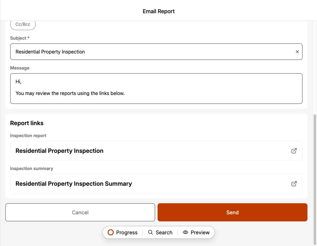 Inspection report preview before sending.