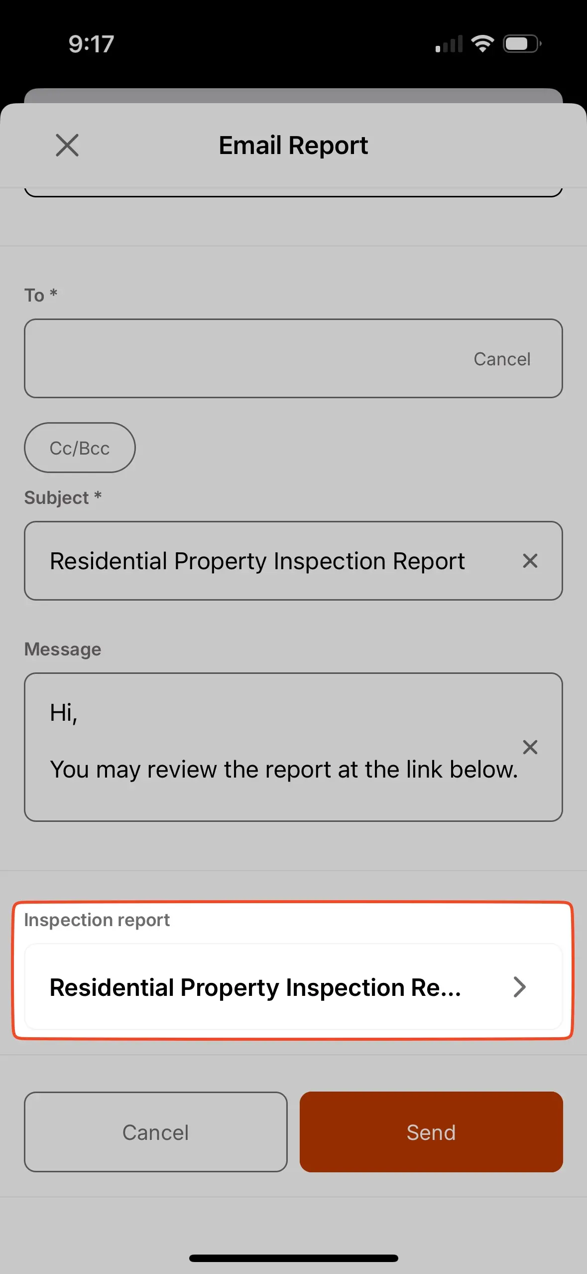 Inspection Report preview before sending.