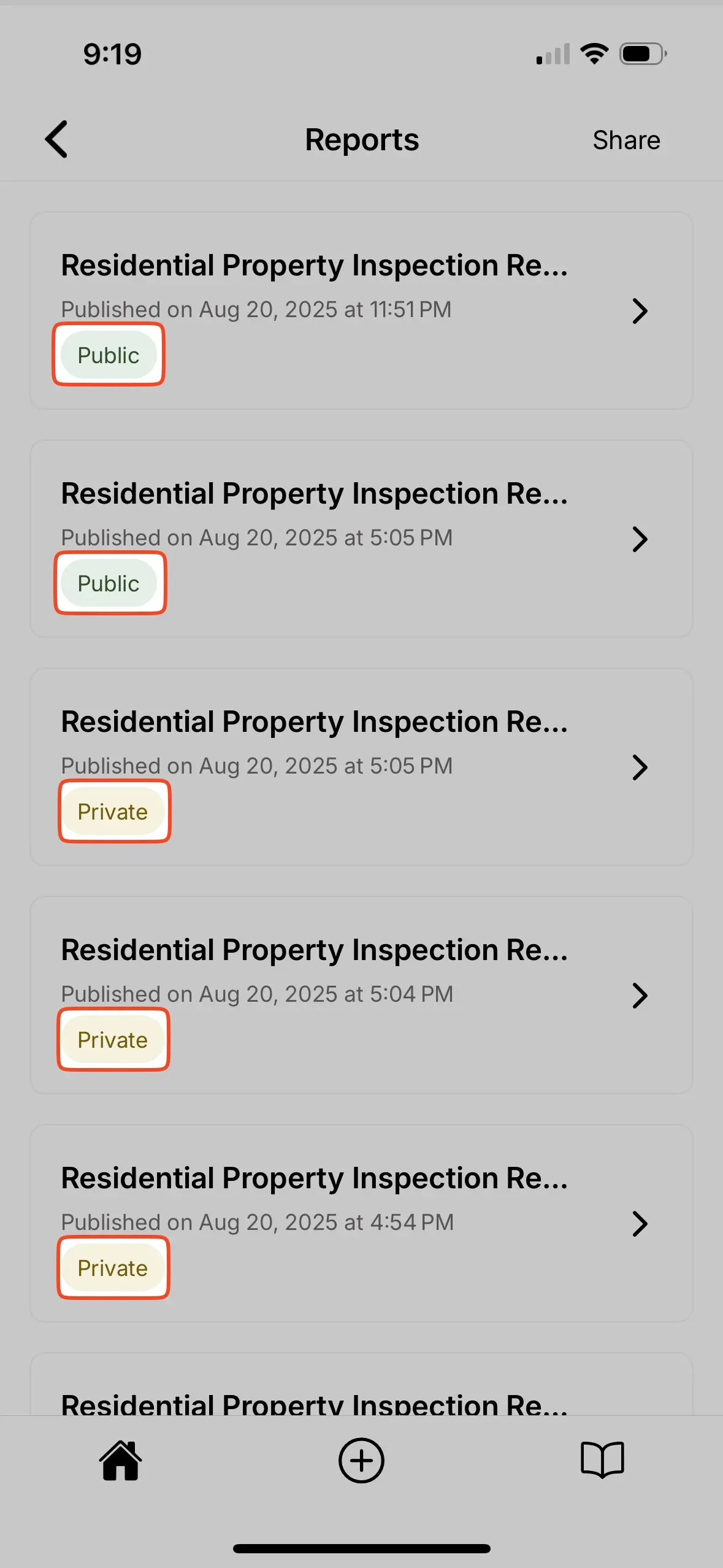 Report status setting public or private.
