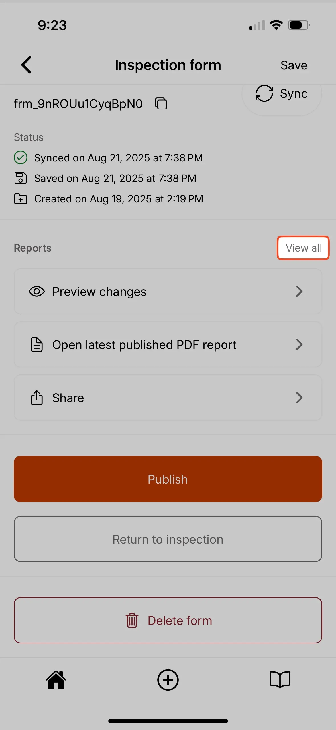 View all published reports screen.
