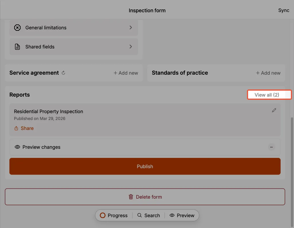 View all published reports screen.