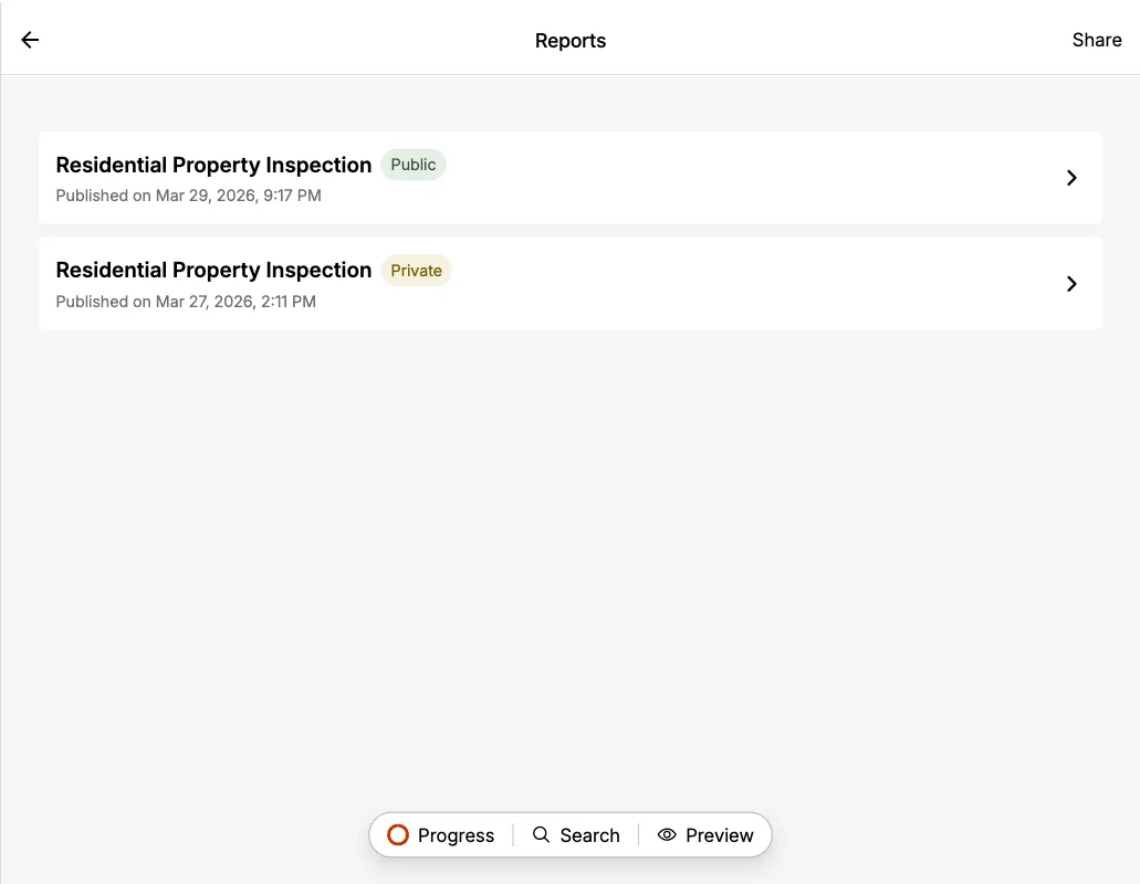 List of published reports showing status.