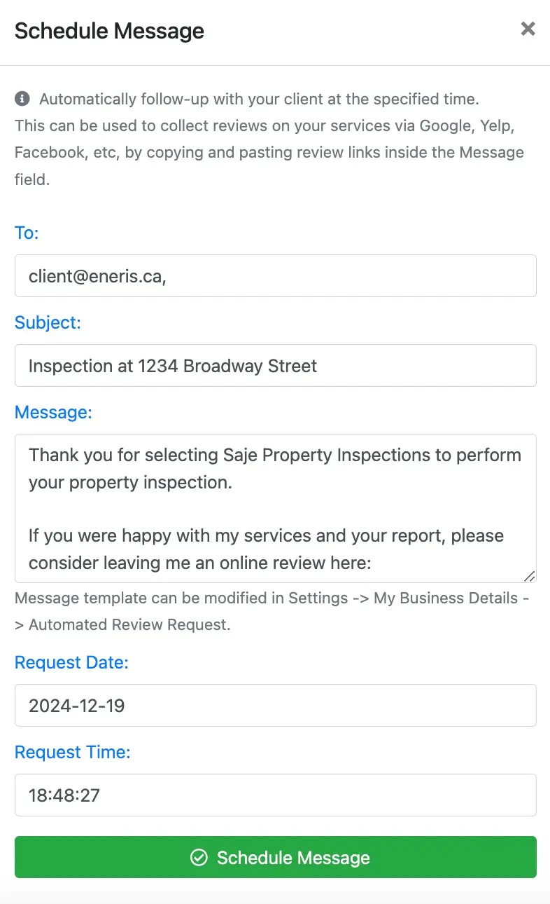 Schedule Message preview with date and time configurations