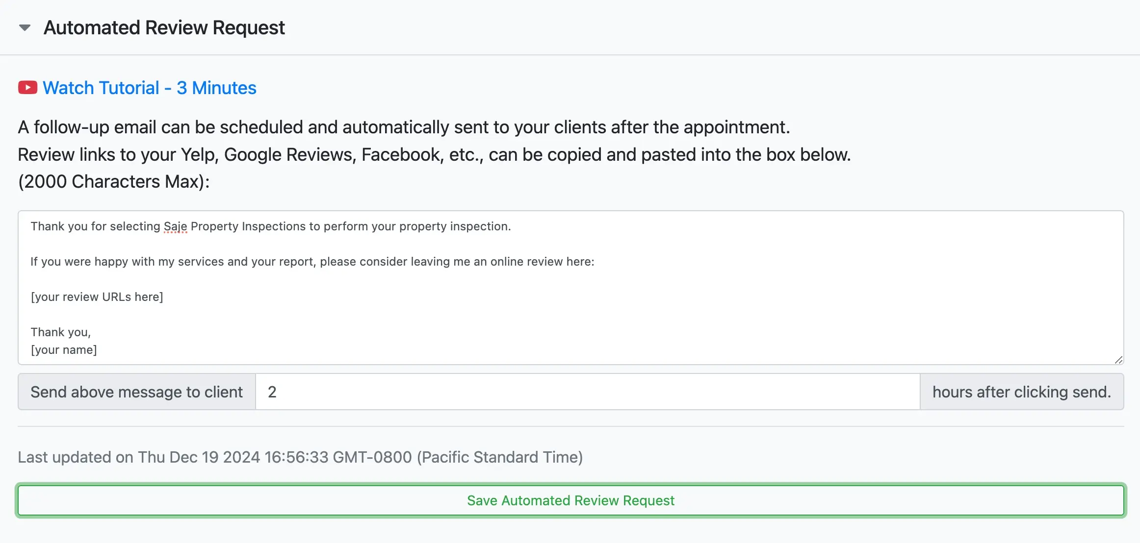 Enter template into the Automated Review Request settings menu