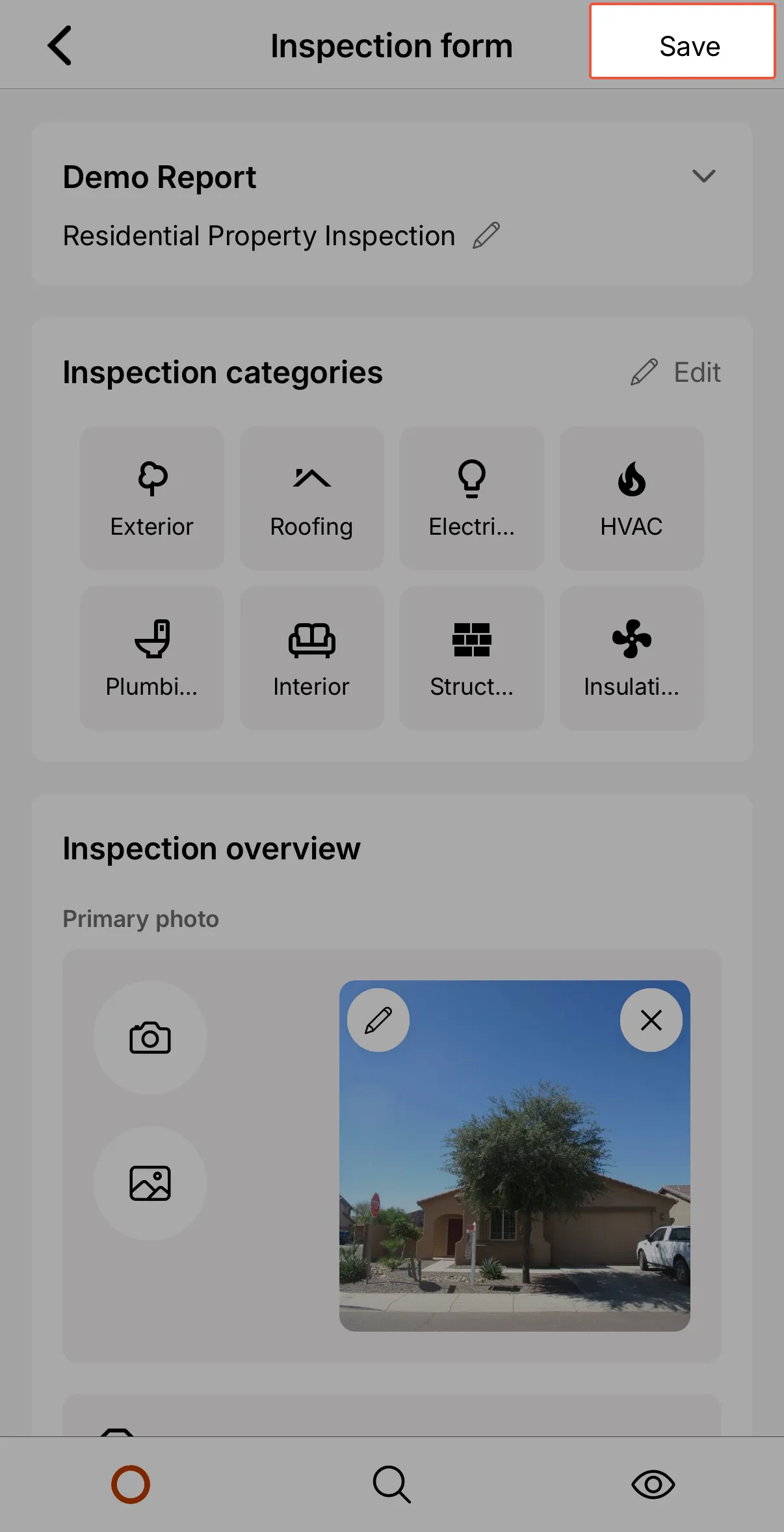Manual save button on the Inspection Form page.