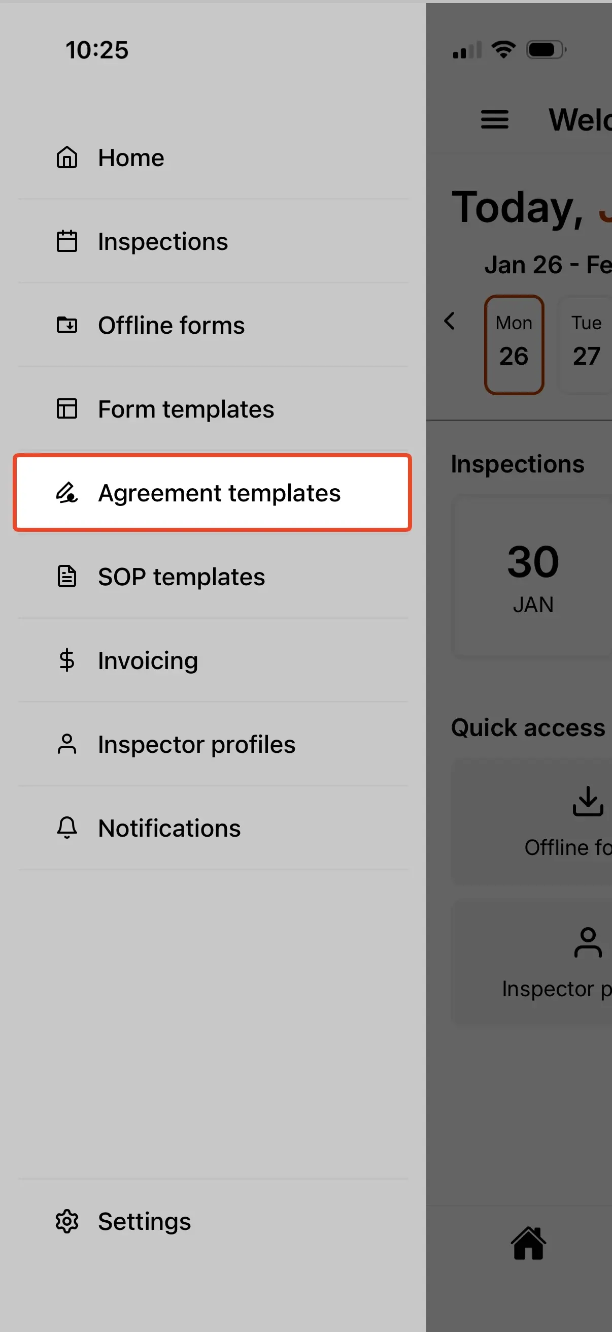 Service Agreement Templates menu in sidebar.