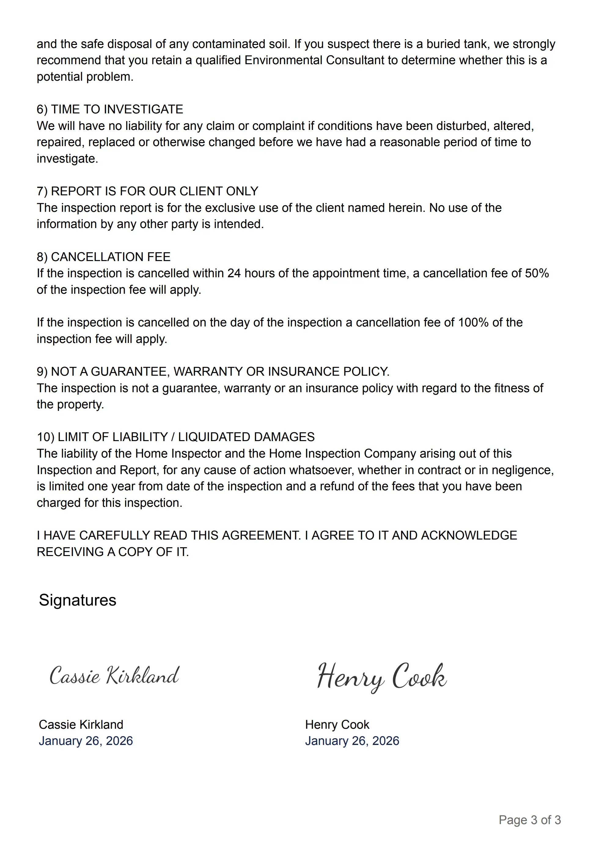 Service Agreement section in PDF report.