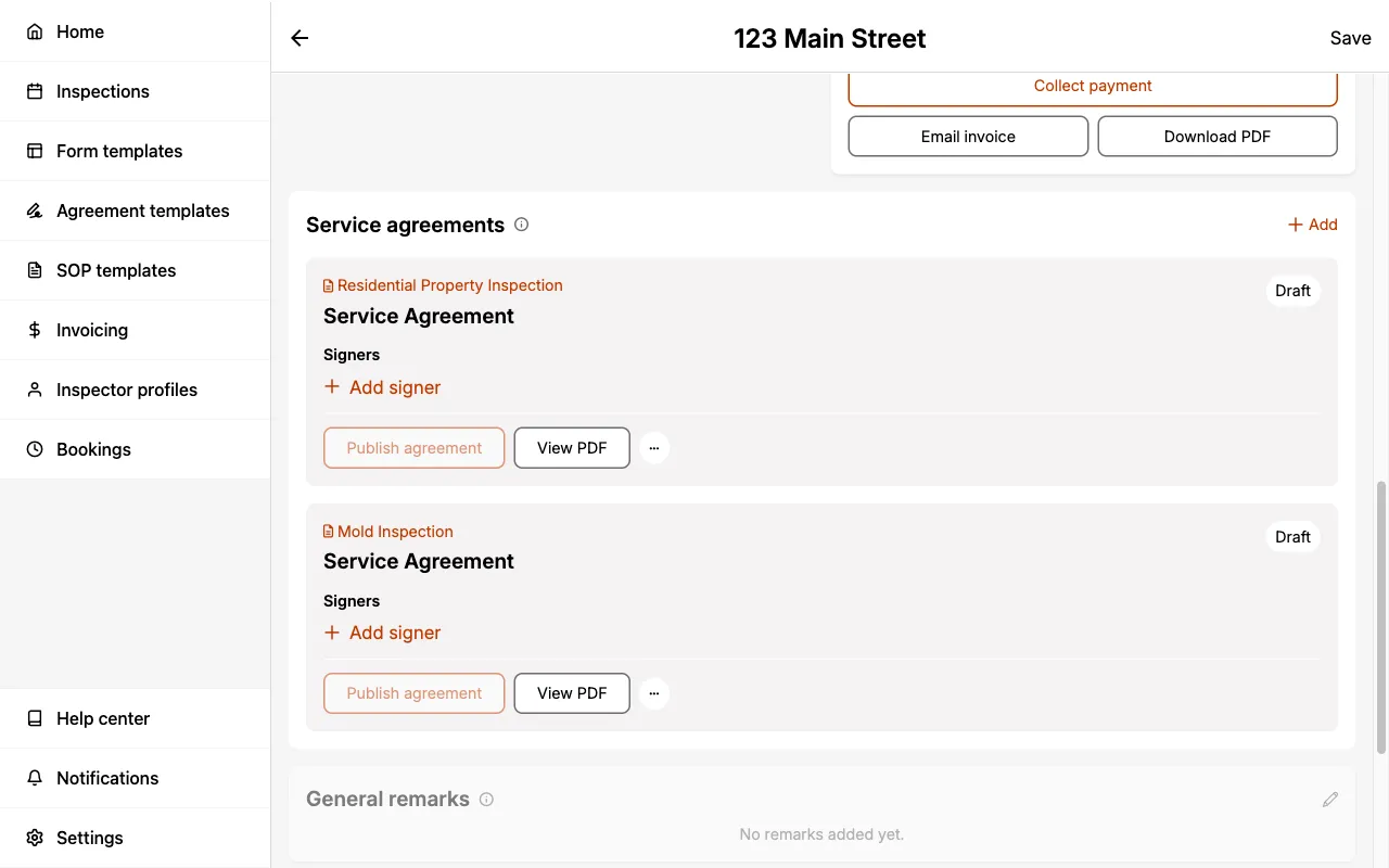 Service agreements section on the Inspection page showing an agreement card per form.