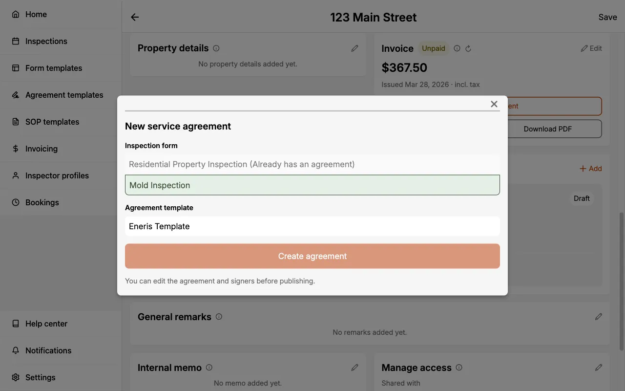 New service agreement sheet with the inspection form and agreement template selections.