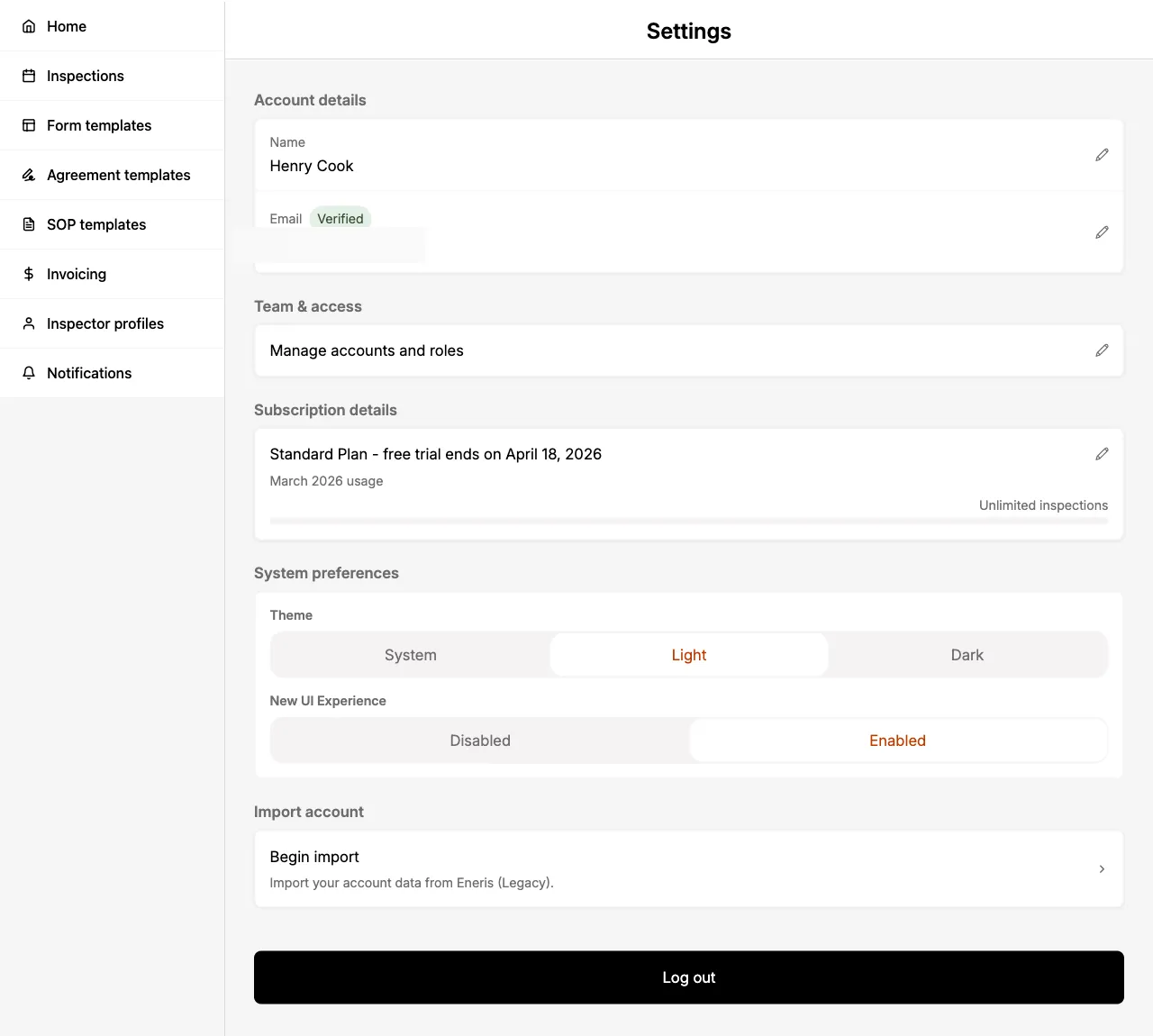 Settings page.