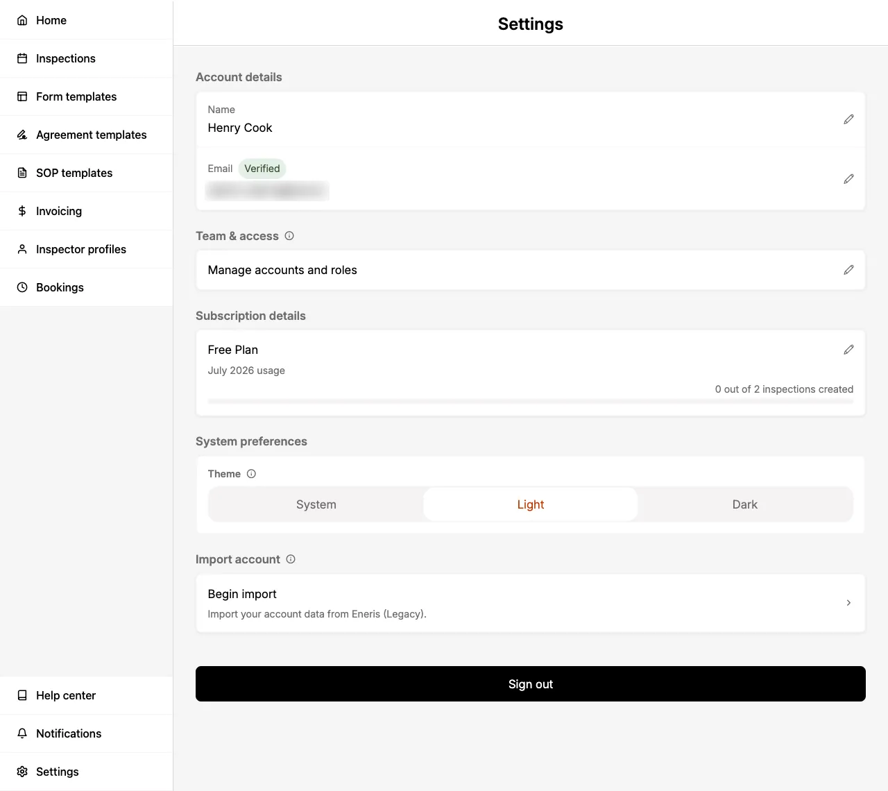 Settings page.
