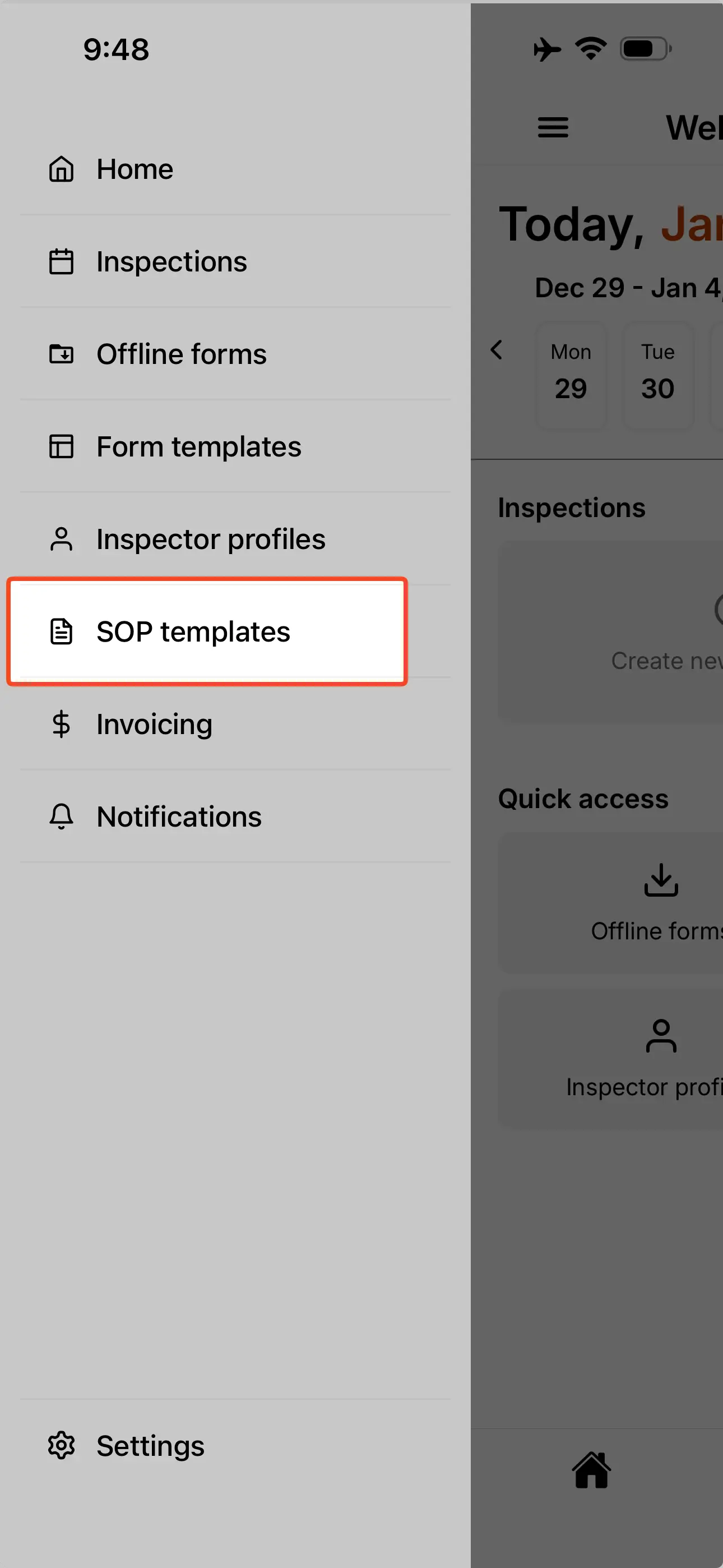 SOP Templates menu in sidebar.