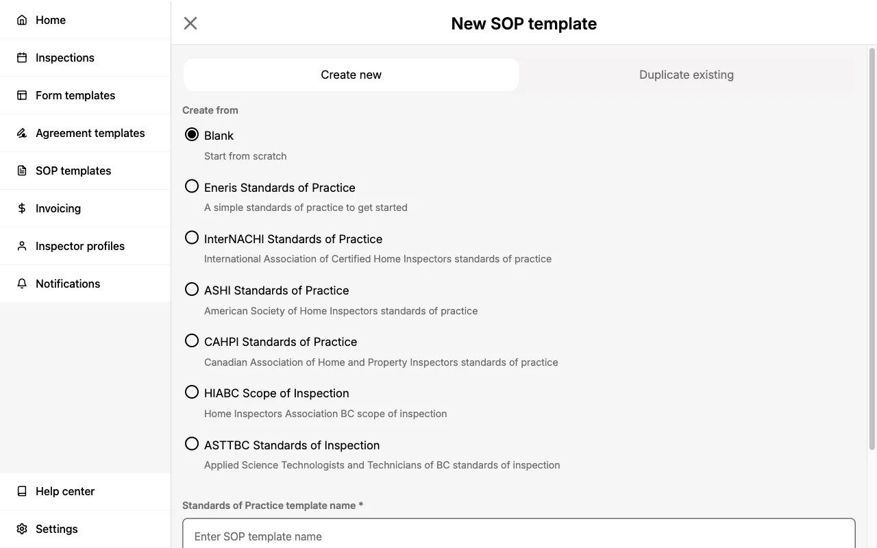 Create new SOP template form.
