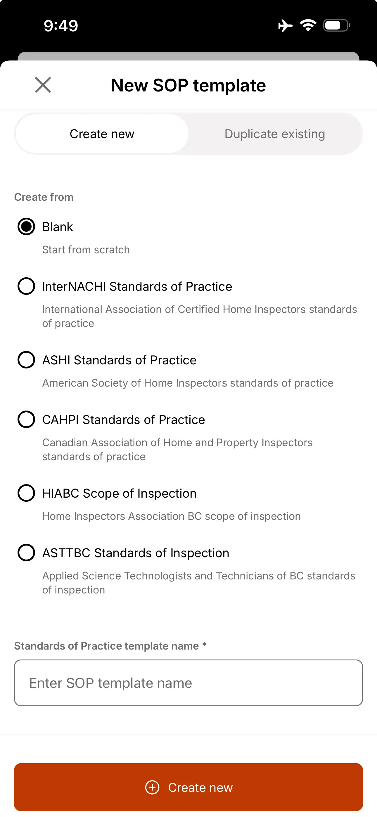 Create new SOP template form.