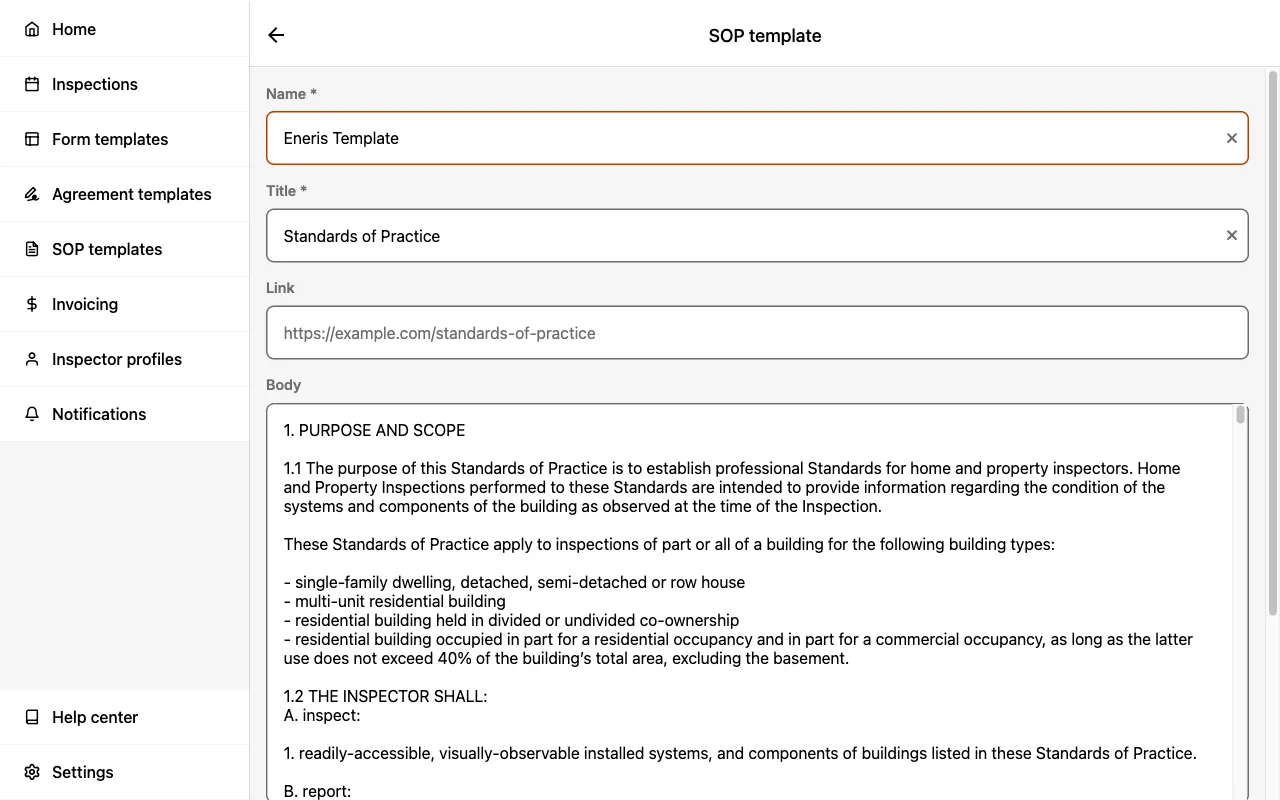 Edit SOP template showing title, URL, and body fields.