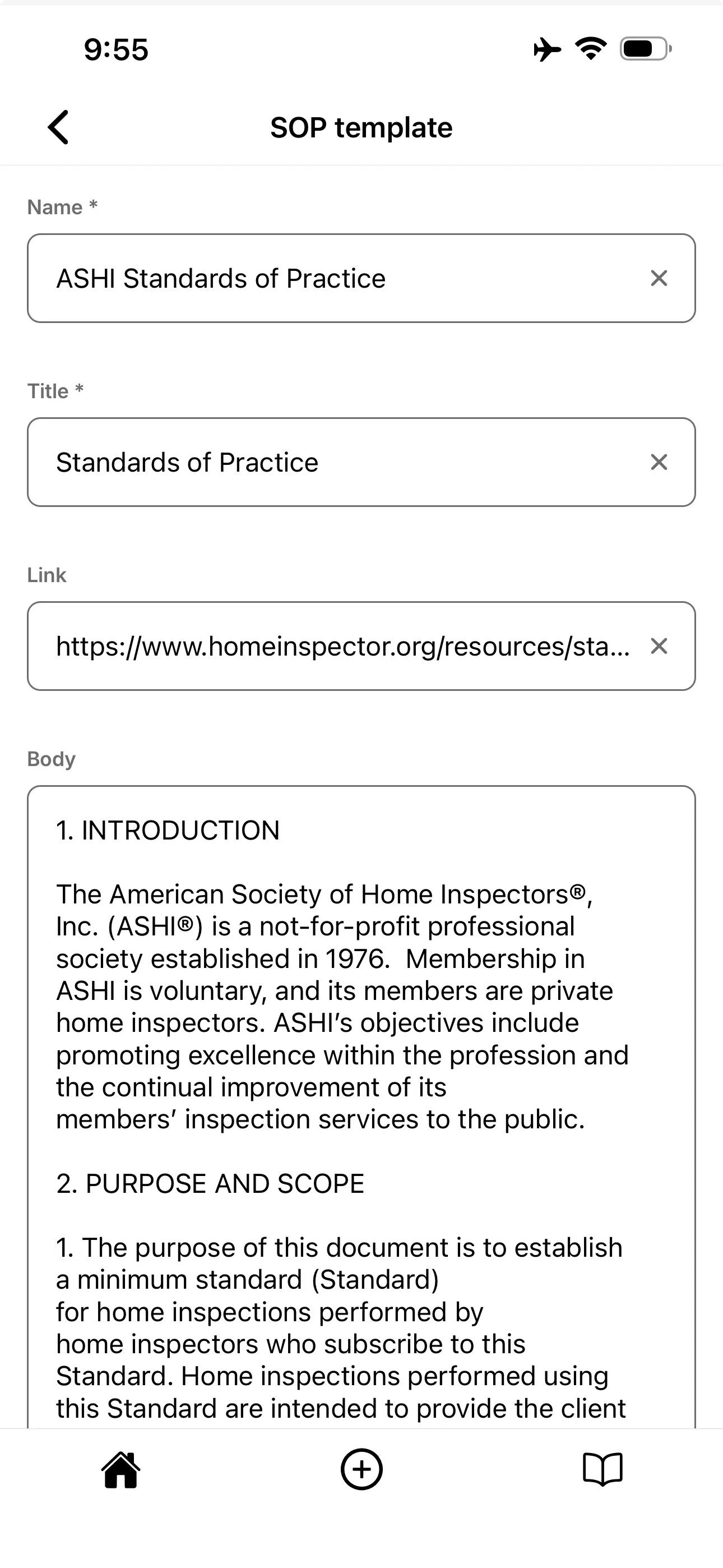 Edit SOP template showing title, URL, and body fields.