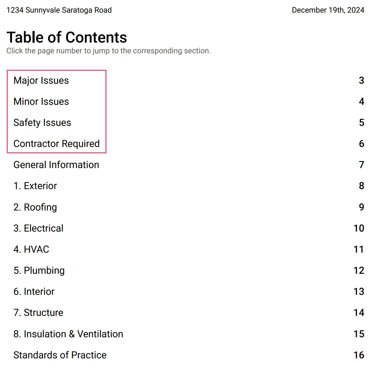 Where the selected summary labels show up in the PDF report table of contents