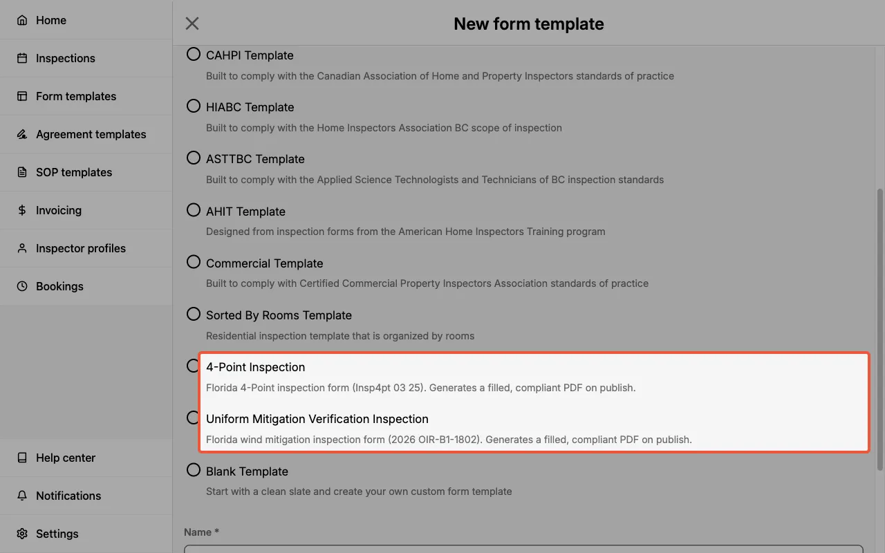 The Create from list showing the 4-Point Inspection and Uniform Mitigation Verification Inspection options.