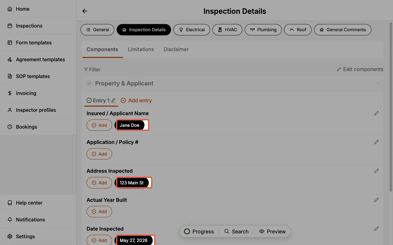 A 4-Point Inspection form with the applicant name, address, and date auto-populated from the inspection.