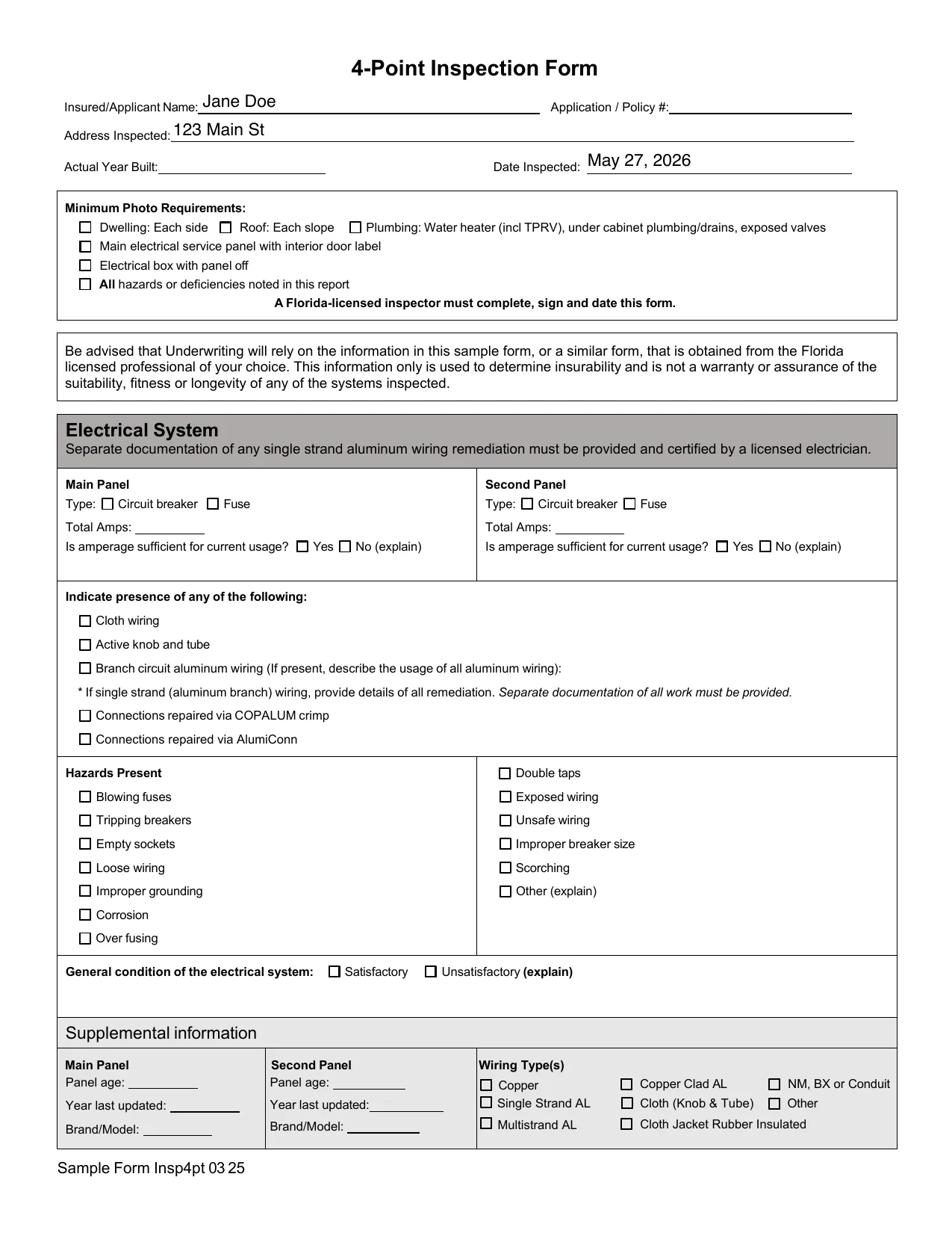 The generated 4-Point Inspection Form PDF, filled with the auto-populated applicant name, address, and inspection date.