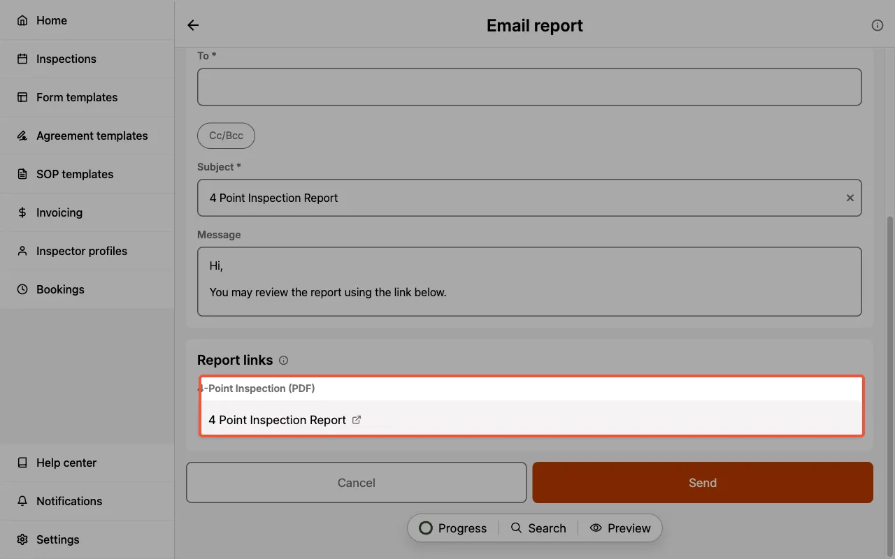 The Email report screen listing the 4-Point Inspection (PDF) under Report links.