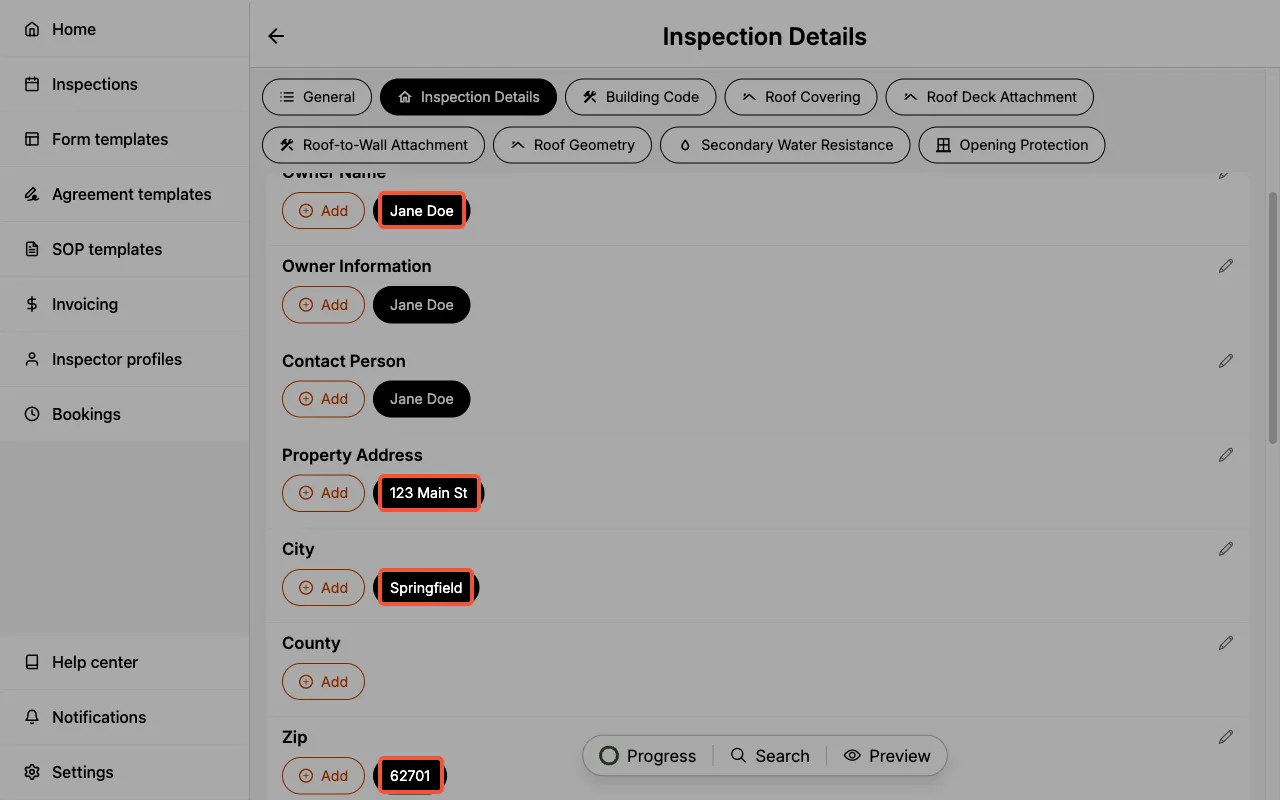 A Uniform Mitigation Verification Inspection form with the owner name, property address, city, and ZIP auto-populated from the inspection.