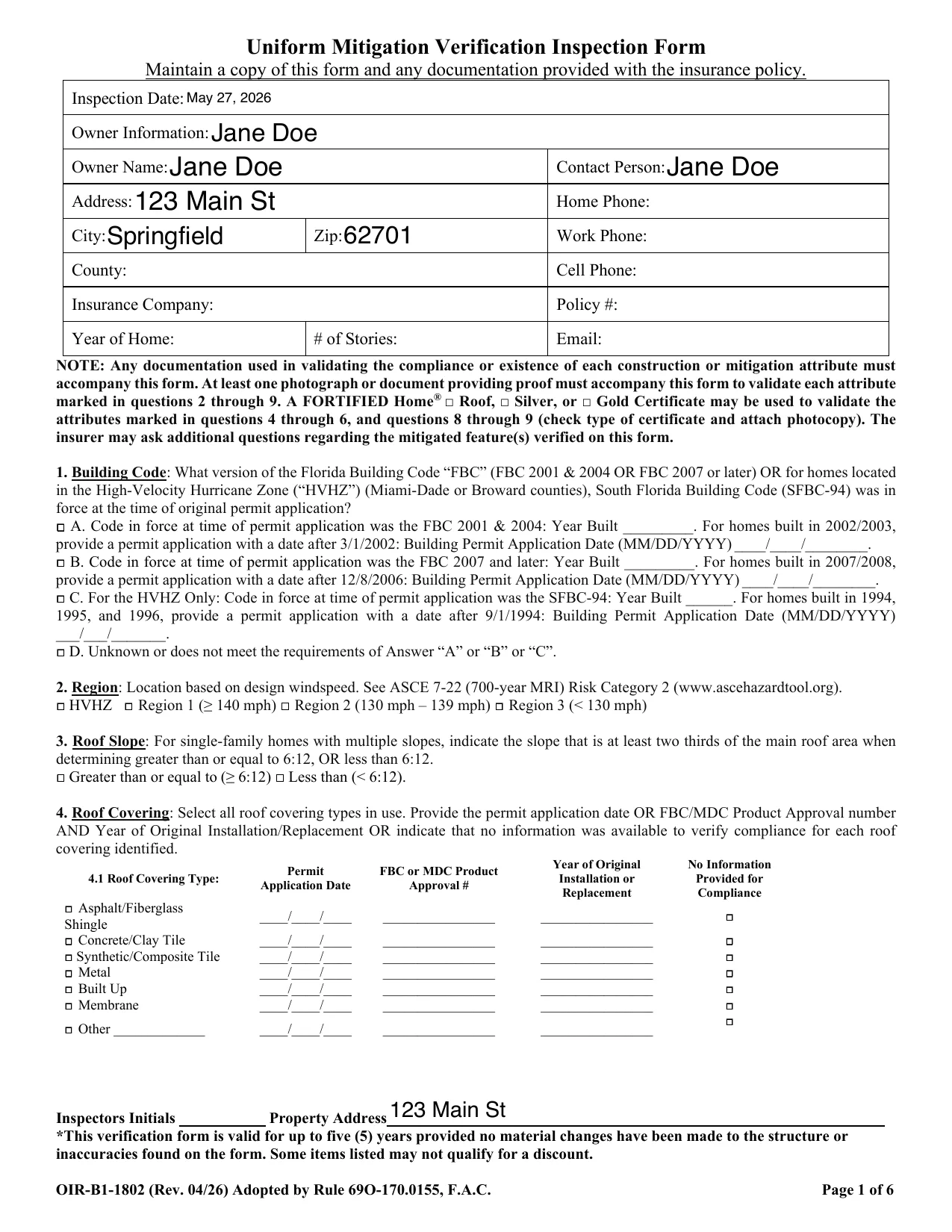 The generated Uniform Mitigation Verification Inspection Form PDF (OIR-B1-1802), filled with the auto-populated owner name, address, and inspection date.