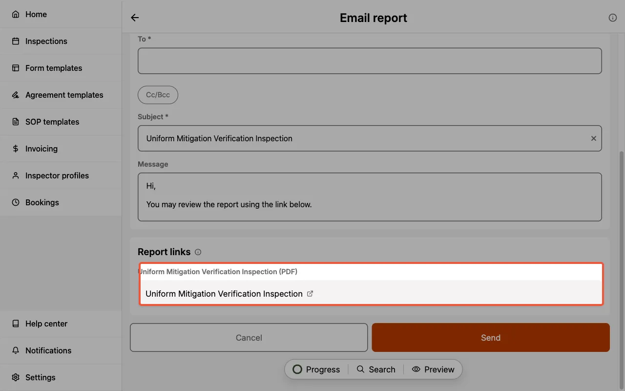 The Email report screen listing the Uniform Mitigation Verification Inspection (PDF) under Report links.