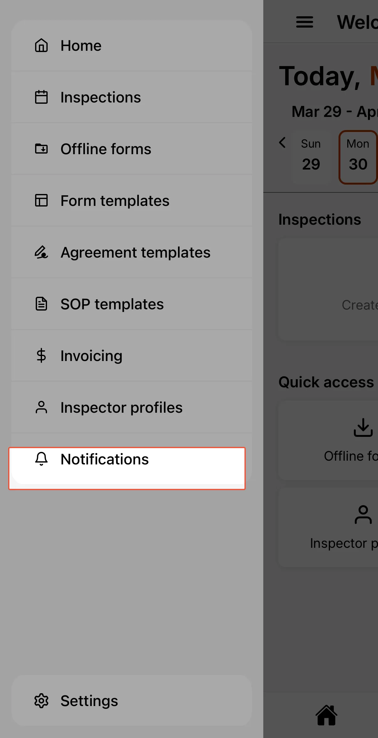 Sidemenu showing the Notifications option.