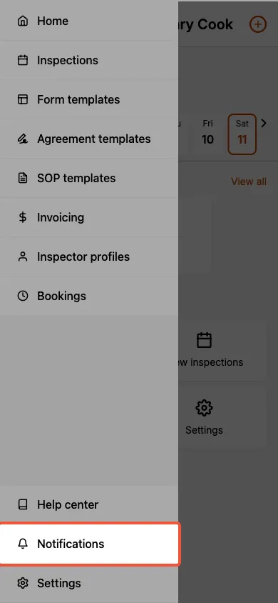 Sidemenu showing the Notifications option.