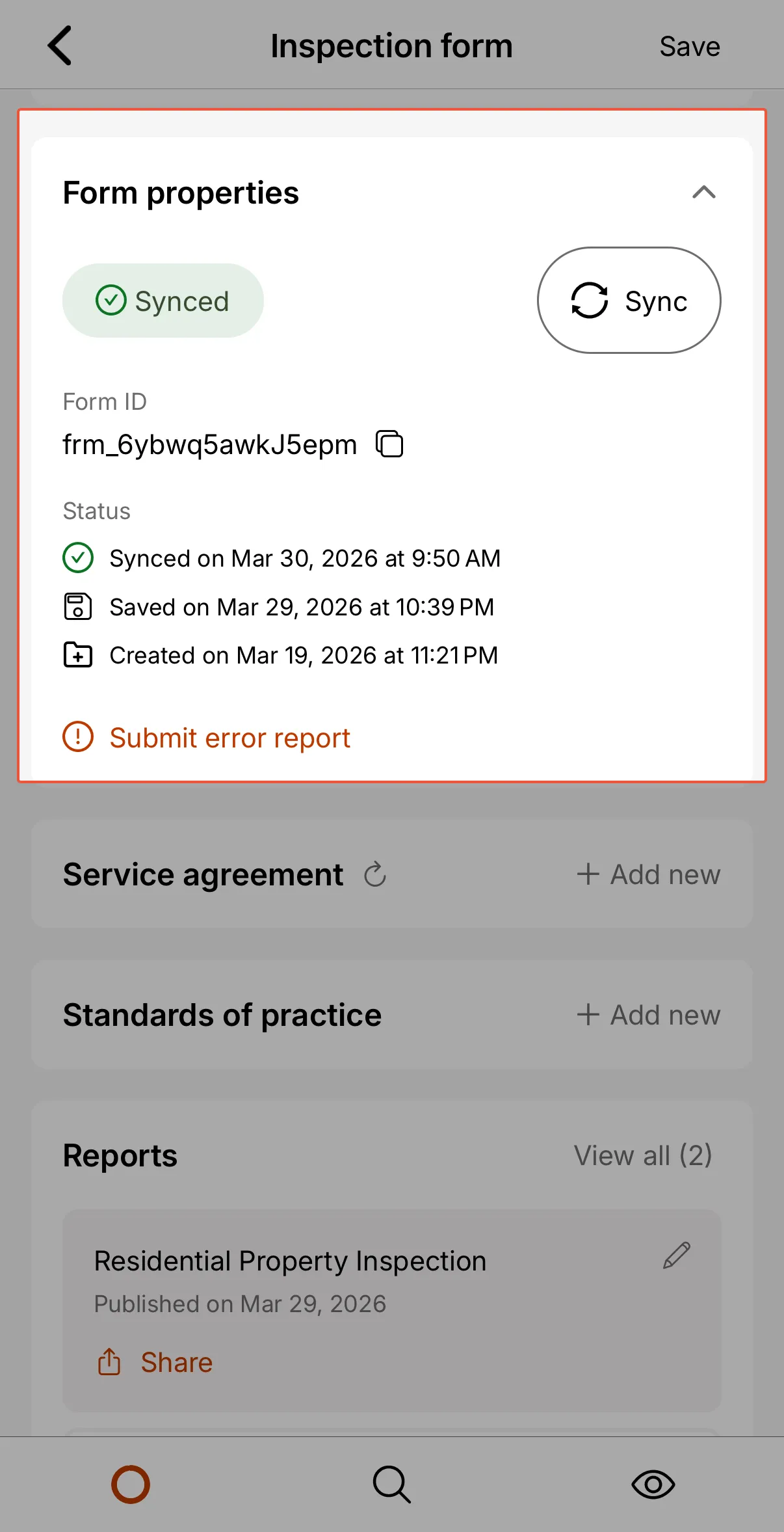 Form properties section showing Synced status and manual Sync button.