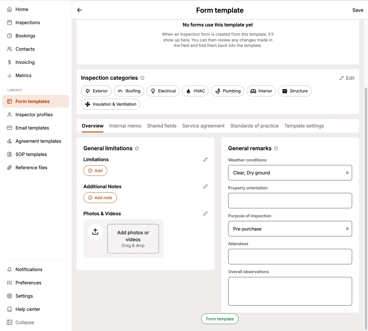 Form Template page showing the Inspection categories and the row of template detail tabs with Overview selected, alongside the General limitations and General remarks panels.