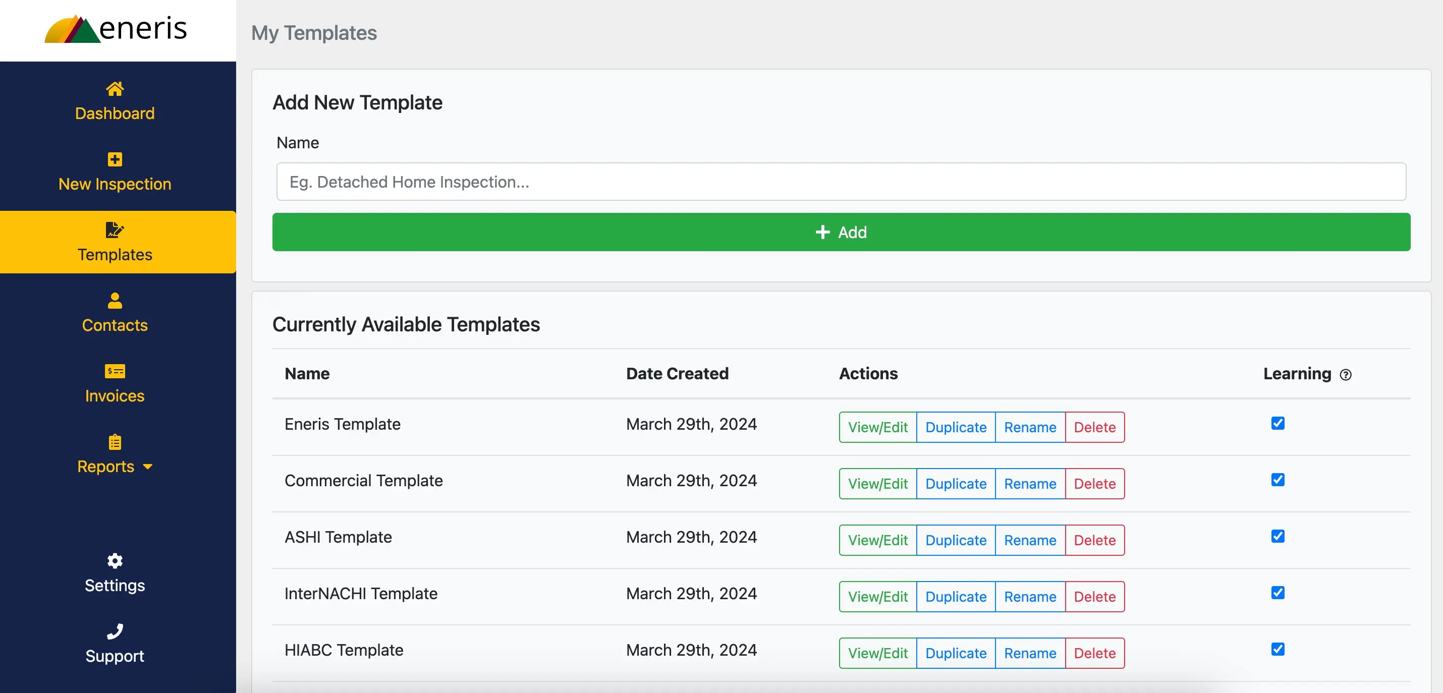 Overview of templates page