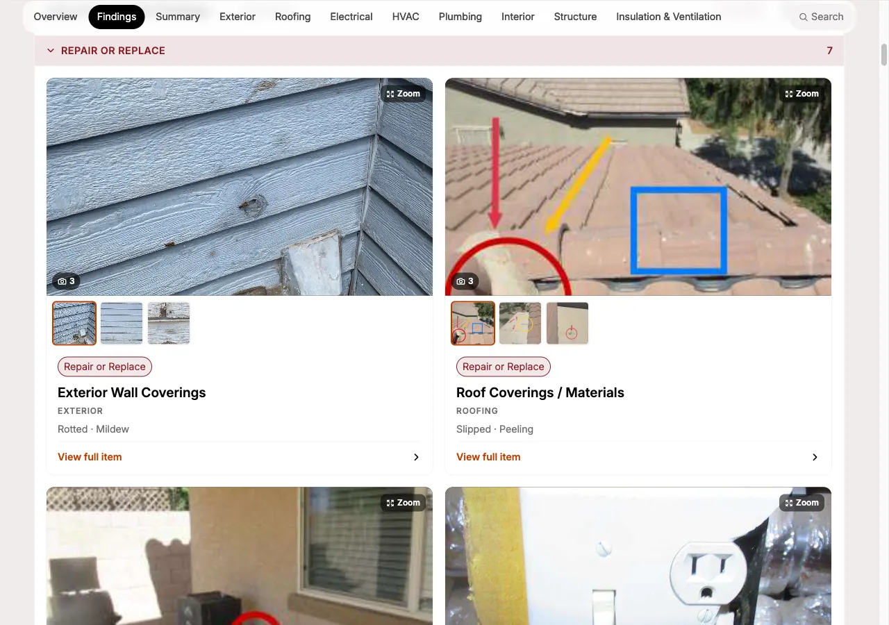 The same findings block in Grid view, laid out as two columns of media tiles each with a thumbnail strip.