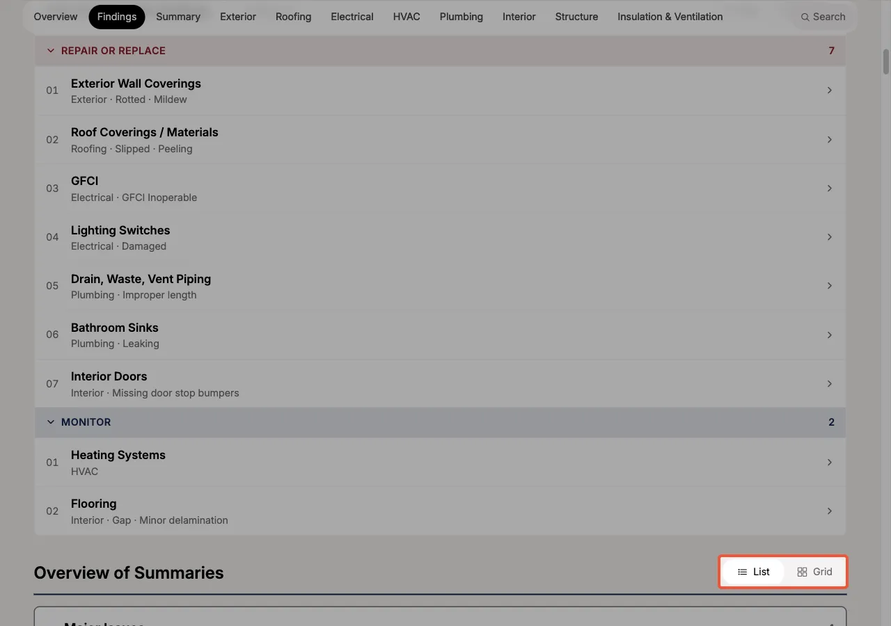 The web report findings block in List view, with the List and Grid toggle highlighted in the block header.
